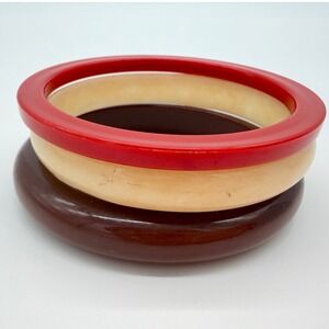 3pc Vintage Lucite Bangle Bracelet Set Red Brown Cream Stack Retro Trio